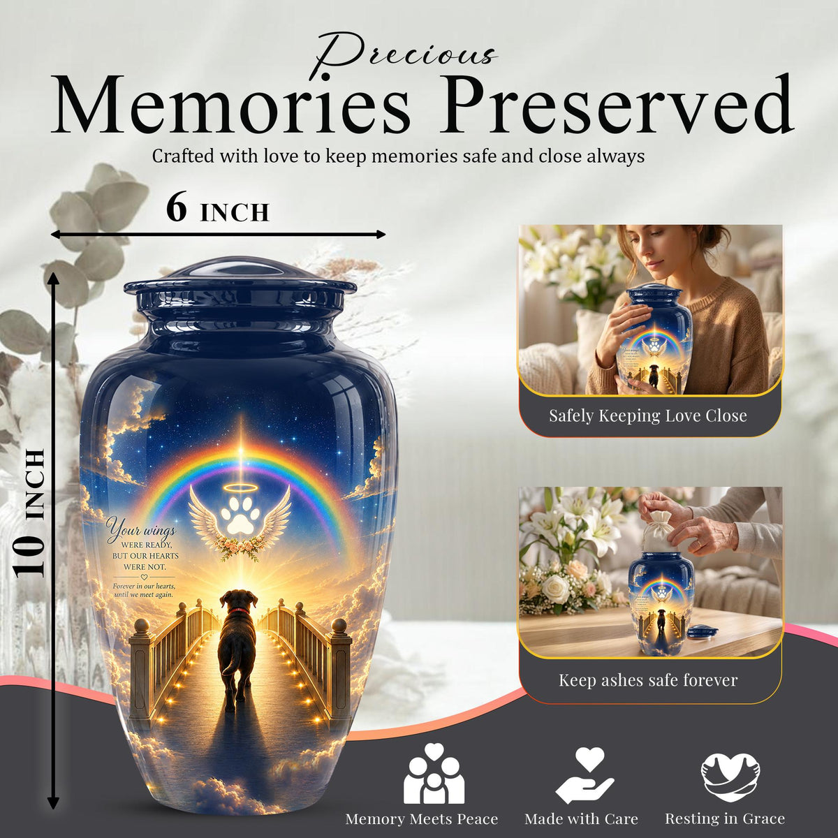 Personalized Dog Cremation Urn for Ashes, Rainbow Bridge Dog Memorial Urn, Angel Pet Tribute Urn - Beloved Dog Remembrance (200 Cubic)