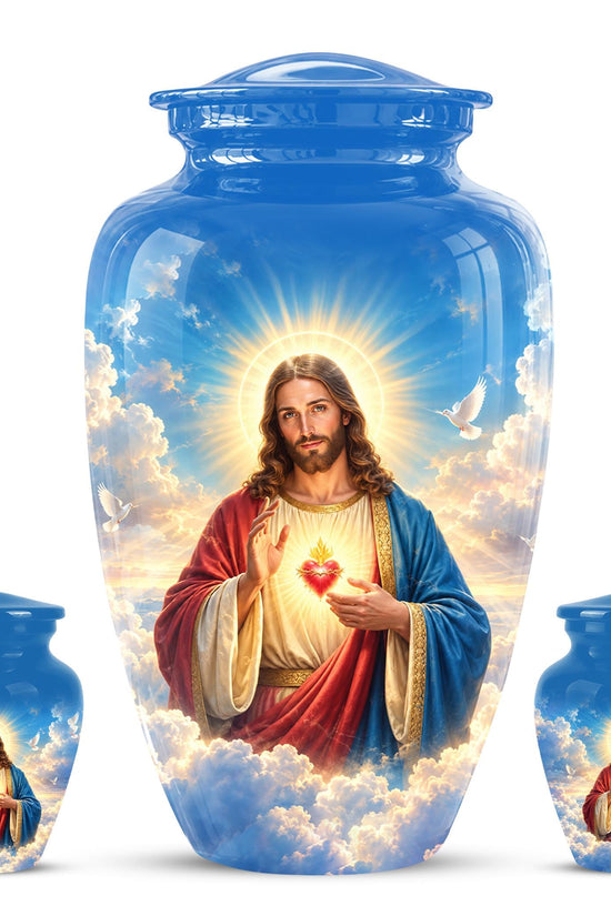 Personalized Sacred Heart of Jesus Cremation Urn for Ashes, Christian Memorial Urn - Catholic Jesus Christ Tribute Urn, Blue Religious Urn