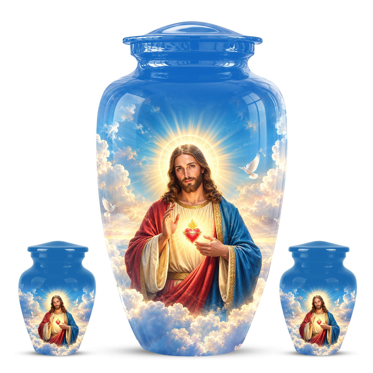 Personalized Sacred Heart of Jesus Cremation Urn for Ashes, Christian Memorial Urn - Catholic Jesus Christ Tribute Urn, Blue Religious Urn