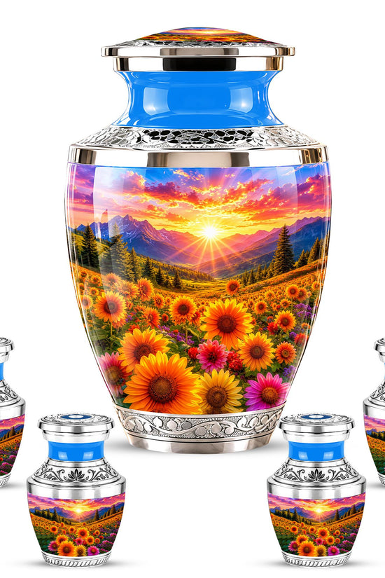 Personalized Cremation Urn, Floral Sunset Mountain Landscape, Memorial Keepsake
