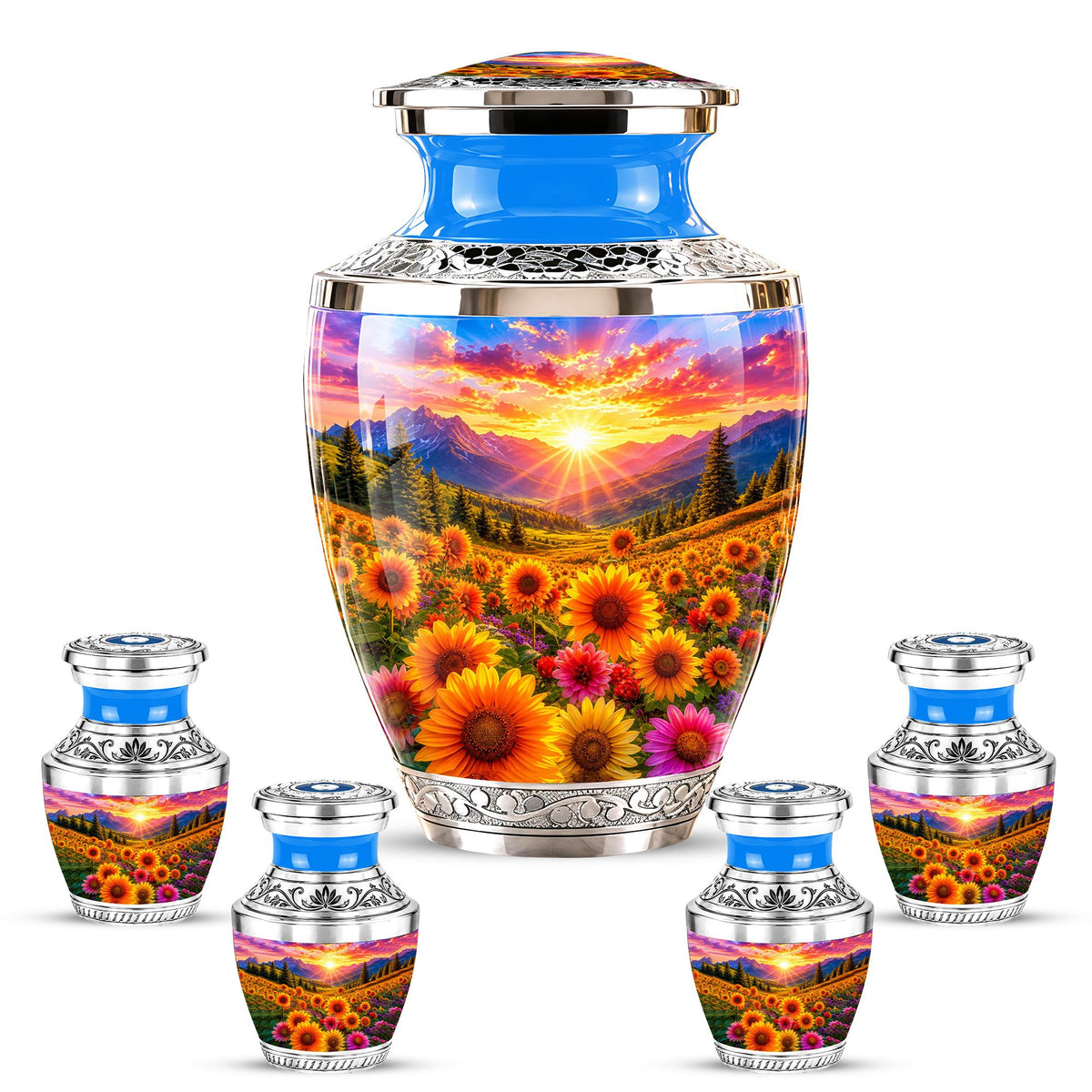 Personalized Cremation Urn, Floral Sunset Mountain Landscape, Memorial Keepsake