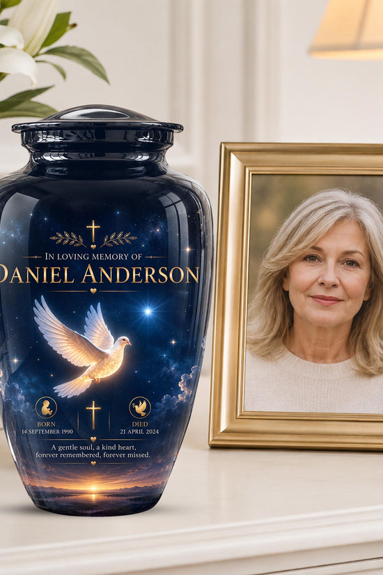 Personalized White Dove Cremation Urn - Christian Memorial Ashes Container (Custom Name & Dates)