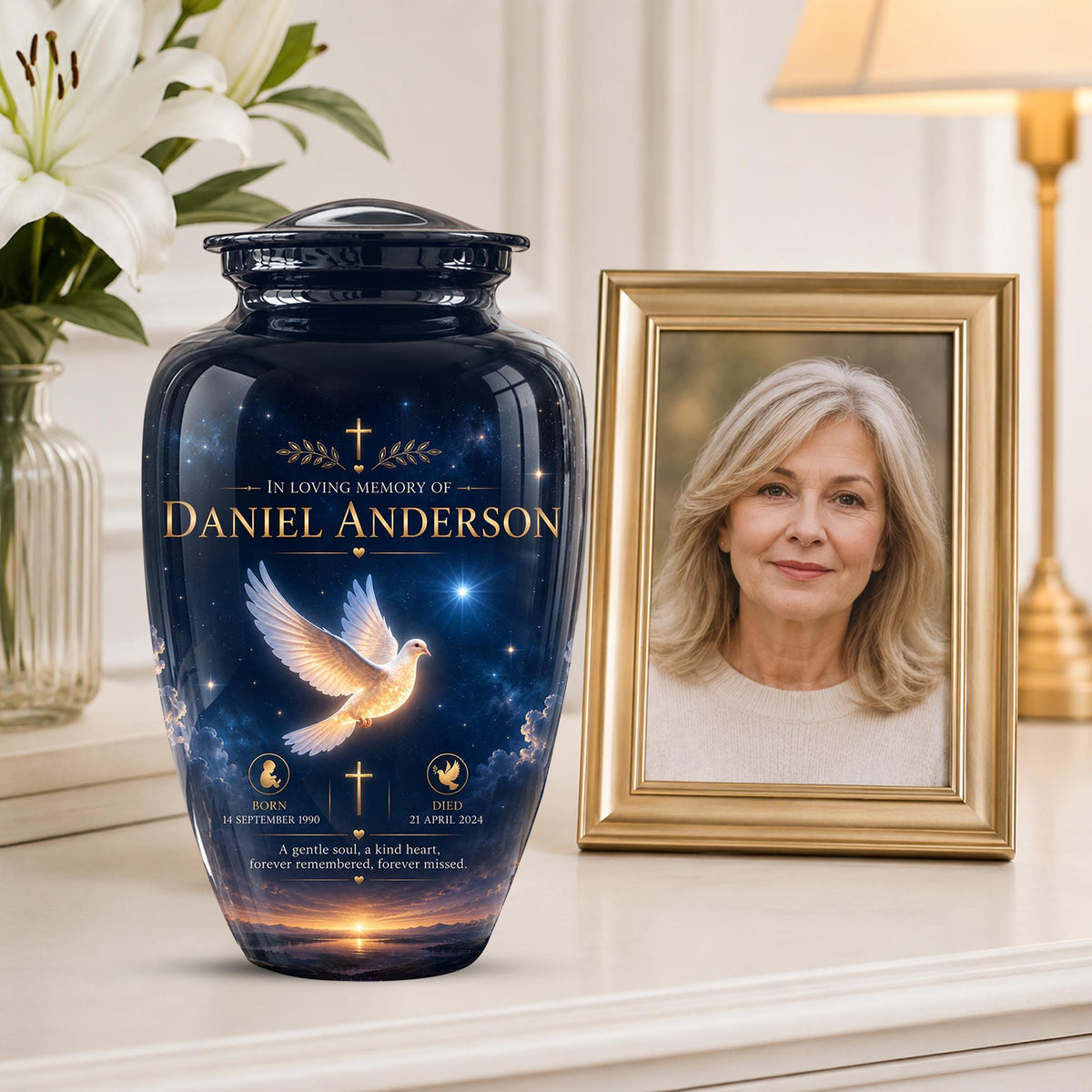 Personalized White Dove Cremation Urn - Christian Memorial Ashes Container (Custom Name & Dates)