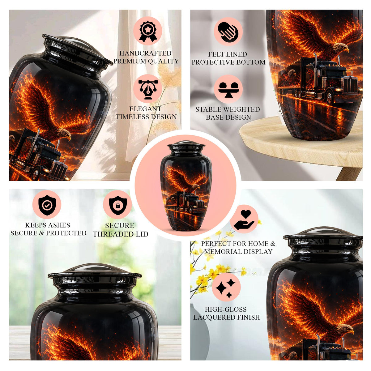 Eagle and Semi Truck Cremation Urn for Ashes - Fiery Bald Eagle Memorial Urn