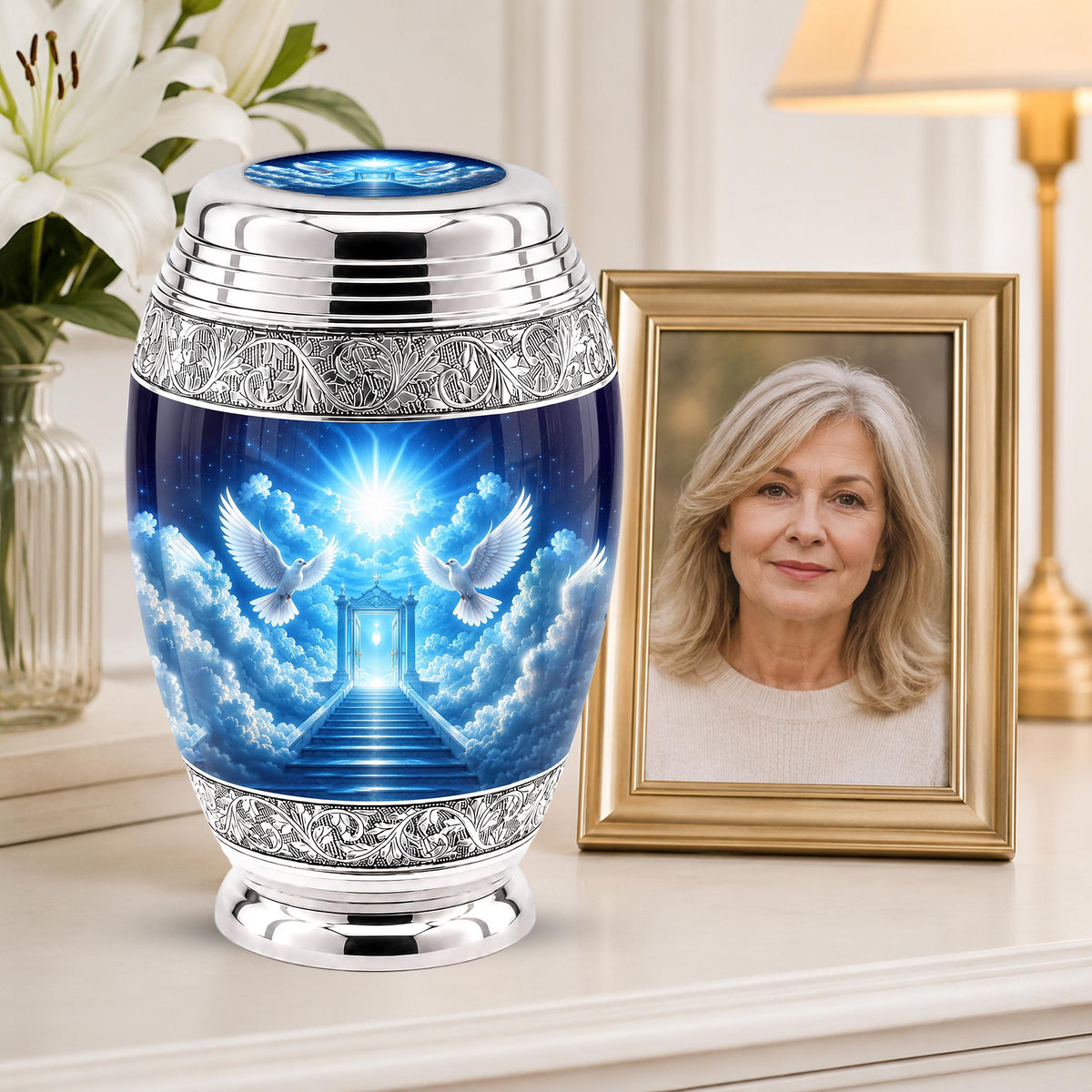 Personalized Heavenly Dove Cremation Urn for Ashes - Blue Gates of Heaven Memorial Urn