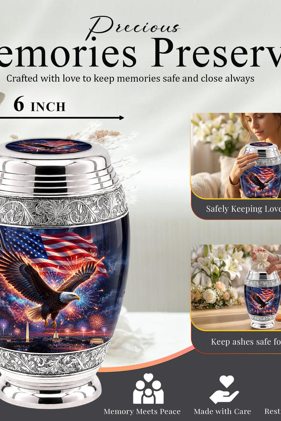 American Flag Eagle Cremation Urn for Ashes - Silver Patriotic Memorial Urn