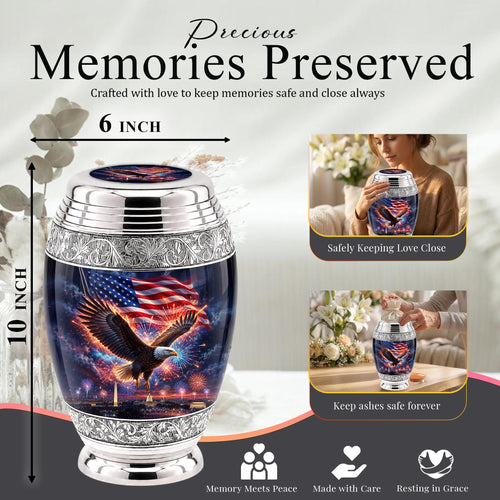 American Flag Eagle Cremation Urn for Ashes - Silver Patriotic Memorial Urn