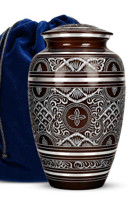 Brass Cremation Urn for Ashes - Black and Silver Engraved Memorial Urn