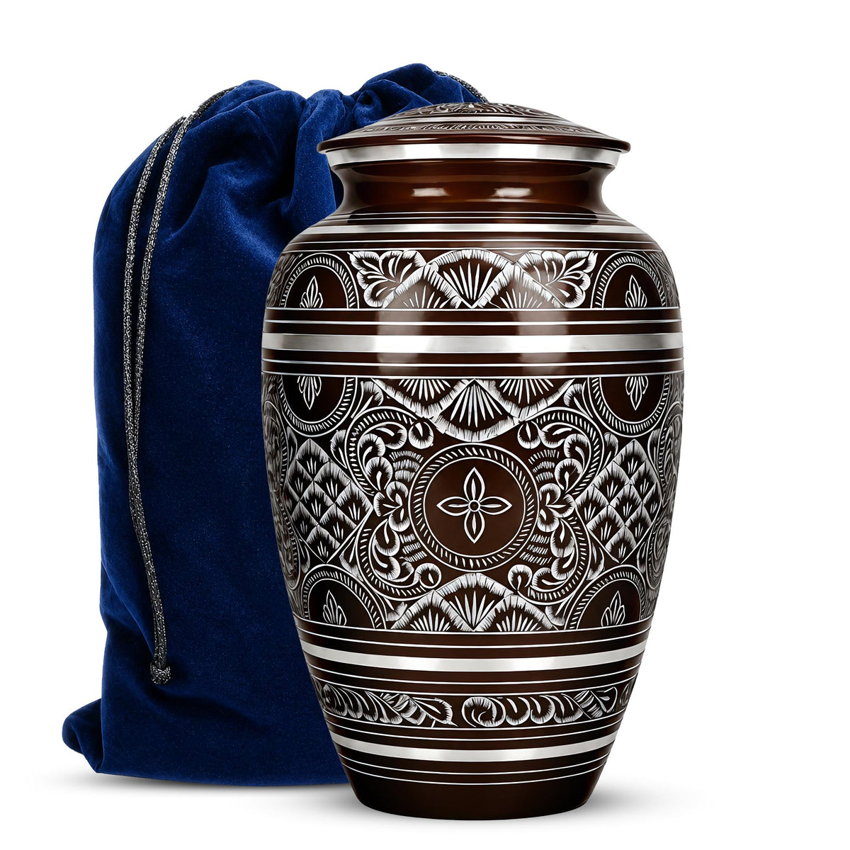 Brass Cremation Urn for Ashes - Black and Silver Engraved Memorial Urn