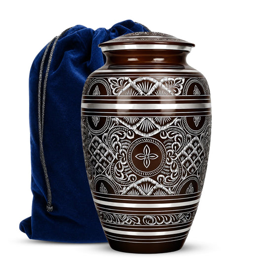 Brass Cremation Urn for Ashes - Black and Silver Engraved Memorial Urn