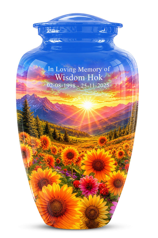 Personalized Sunflower Mountain Sunset Cremation Urn, Scenic Memorial Keepsake