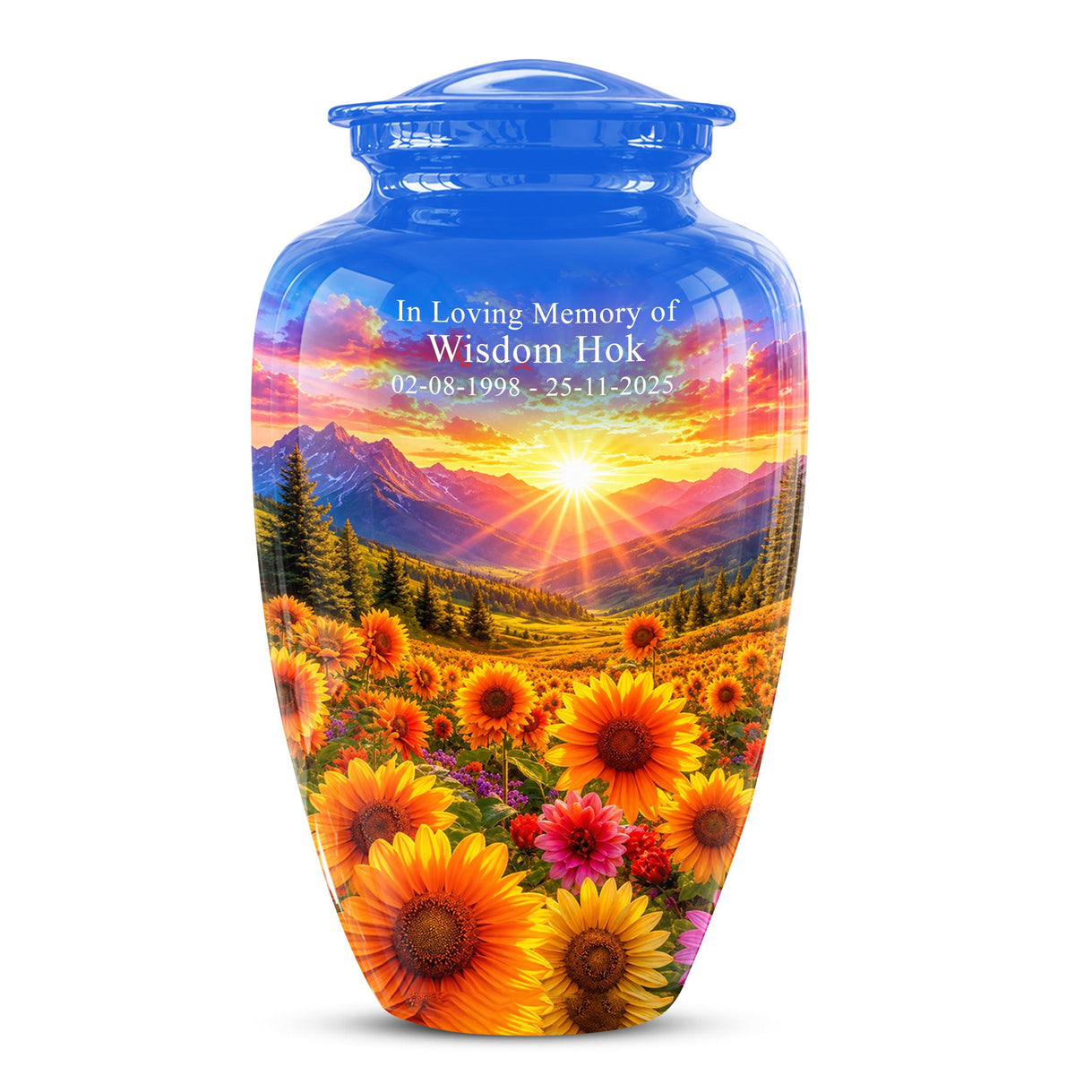 Personalized Sunflower Mountain Sunset Cremation Urn, Scenic Memorial Keepsake