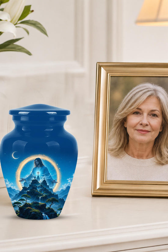Personalized Jesus Cremation Urn for Ashes, Jesus Christ Mountain Memorial Urn - Christian Religious Tribute Urn, Heavenly Faith Memorial
