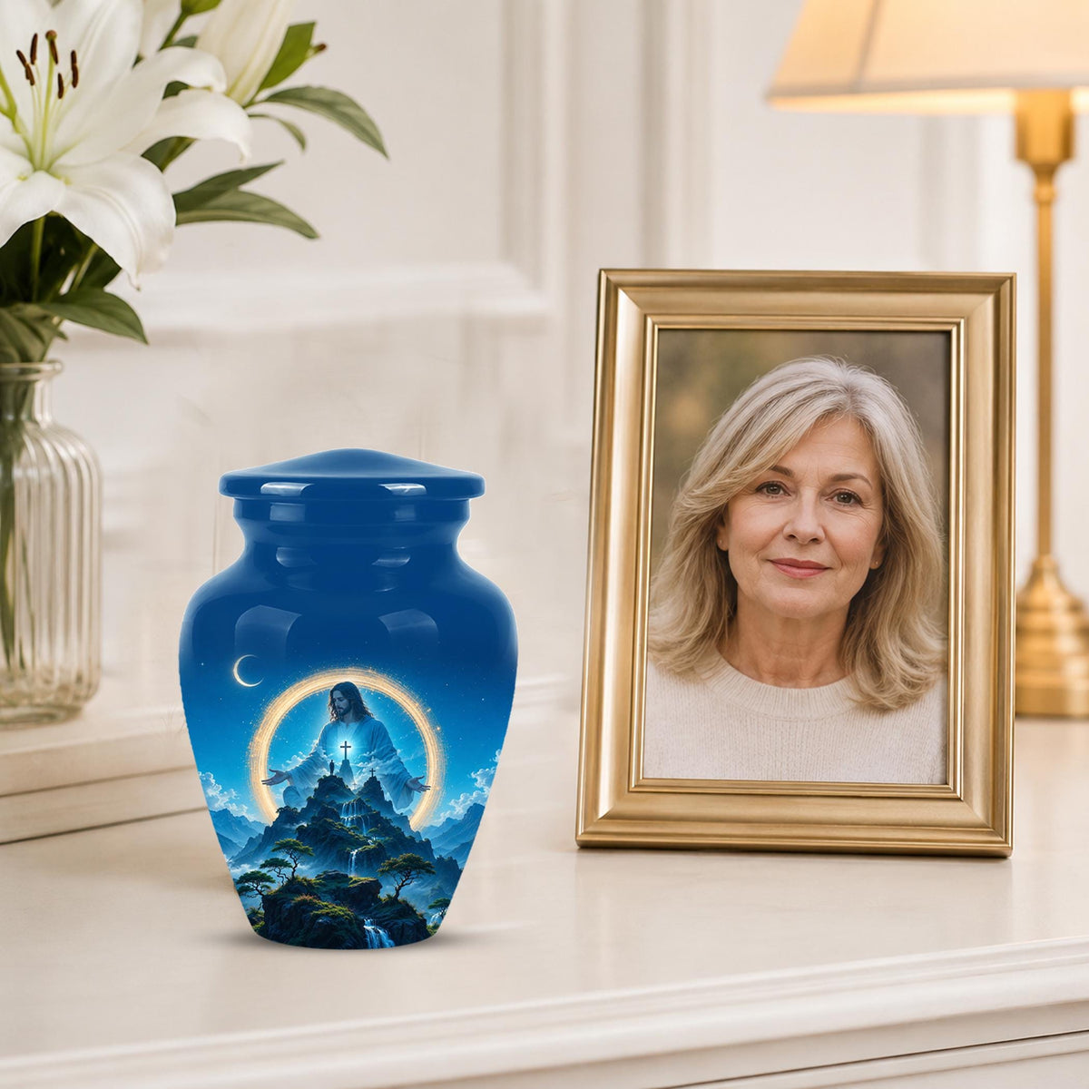 Personalized Jesus Cremation Urn for Ashes, Jesus Christ Mountain Memorial Urn - Christian Religious Tribute Urn, Heavenly Faith Memorial