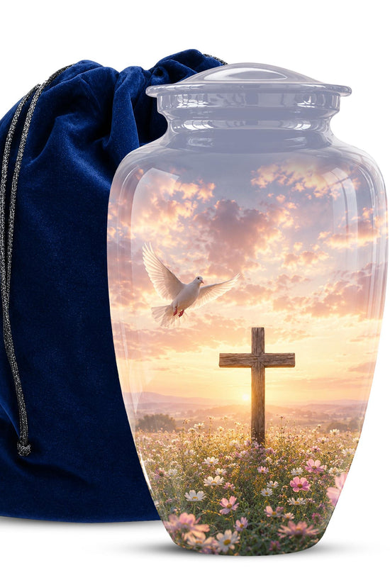 Personalized Christian Cross Urn | Dove, Sunrise, Wildflowers Memorial Keepsake