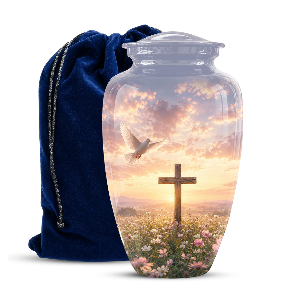 Personalized Christian Cross Urn | Dove, Sunrise, Wildflowers Memorial Keepsake