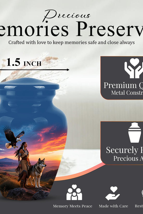 Personalized Native American Cremation Urn for Ashes - Eagle & Wolf Memorial Urn, Custom Human Ashes Urn, Spiritual Funeral Urn