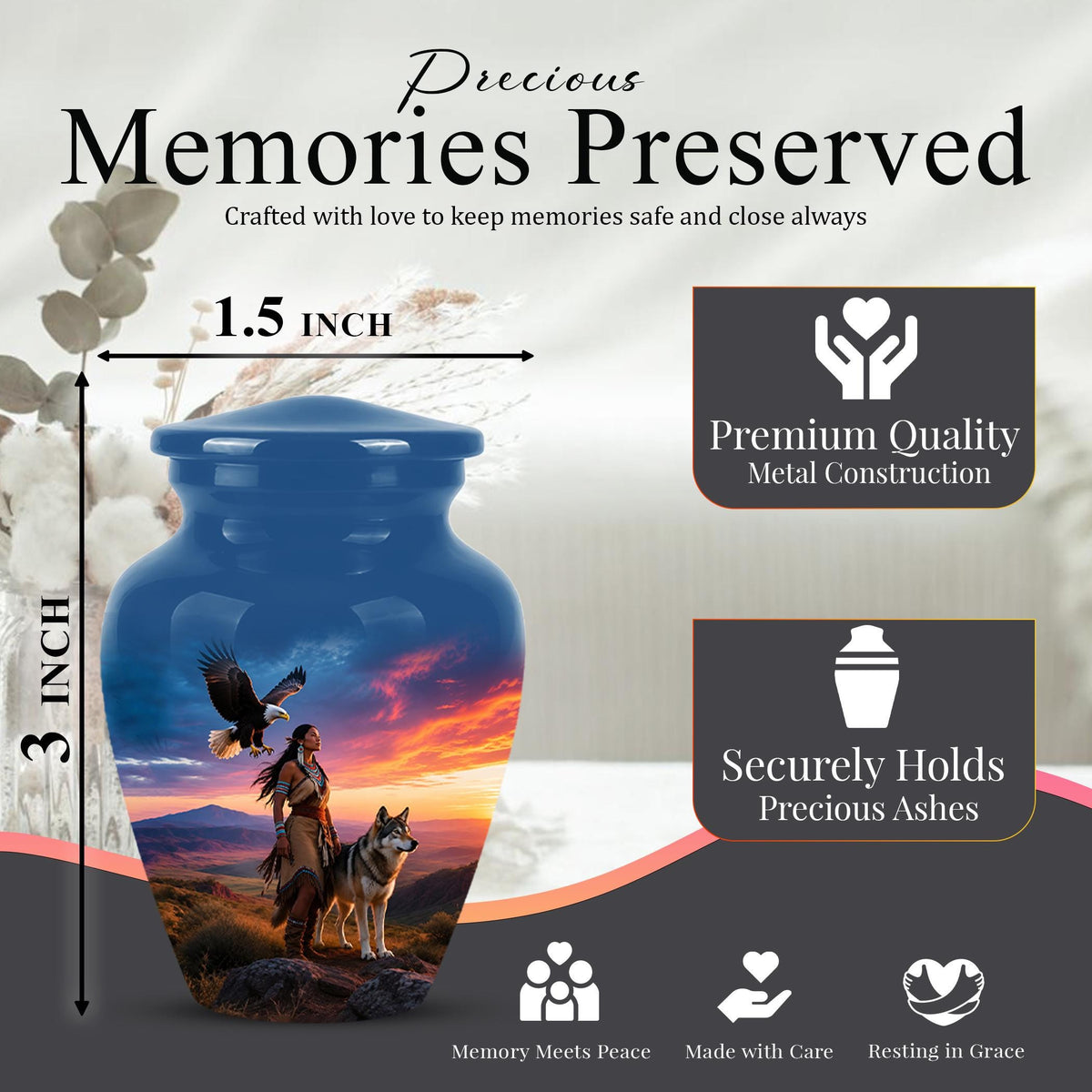 Personalized Native American Cremation Urn for Ashes - Eagle & Wolf Memorial Urn, Custom Human Ashes Urn, Spiritual Funeral Urn