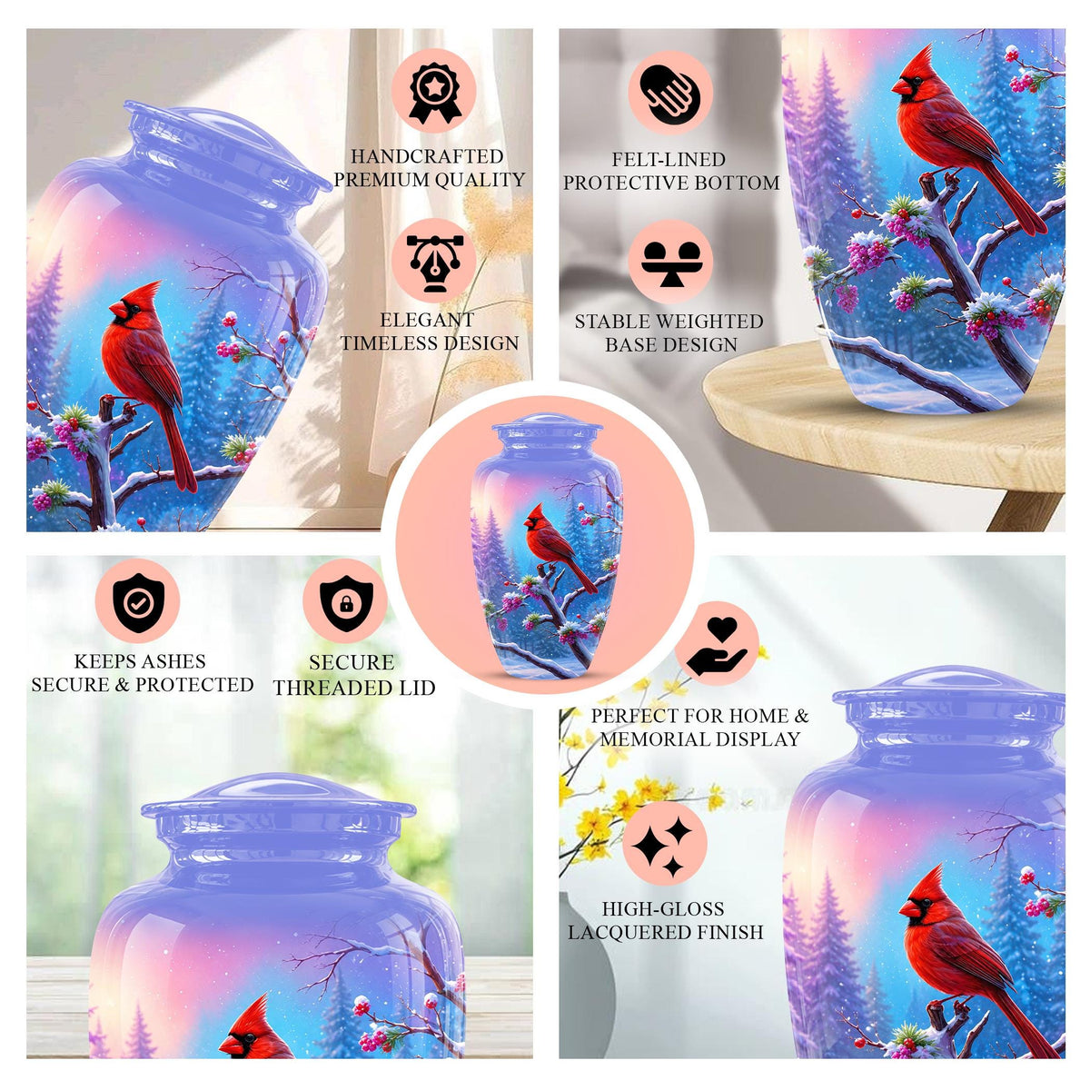 Personalized Red Cardinal Winter Urn for Ashes, Custom Memorial Keepsake