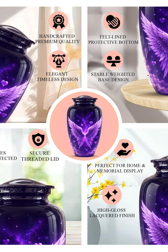 Personalized Purple Memorial Urn - Angel Wings Funeral Urn, Custom Tribute