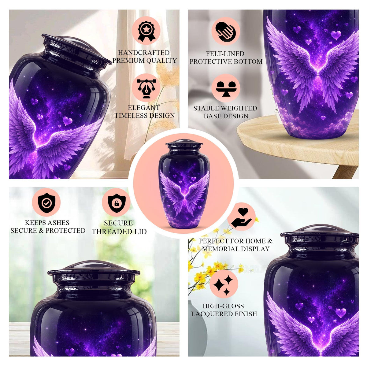 Personalized Purple Memorial Urn - Angel Wings Funeral Urn, Custom Tribute