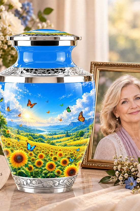 Sunflower Cremation Urn for Ashes - Silver Butterfly Memorial Urn