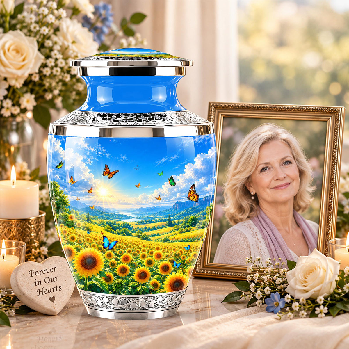 Sunflower Cremation Urn for Ashes - Silver Butterfly Memorial Urn