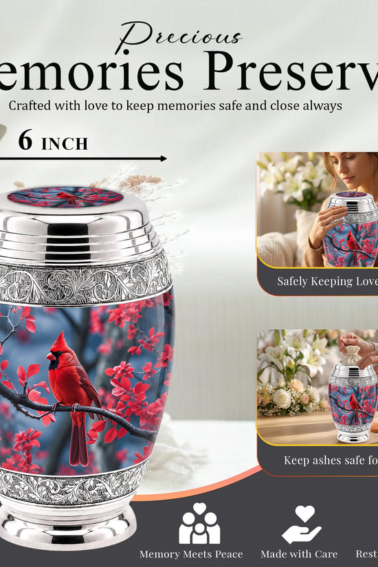 Personalized Red Cardinal Cremation Urn, Silver-Tone Memorial Ashes Container (Custom Engraving)