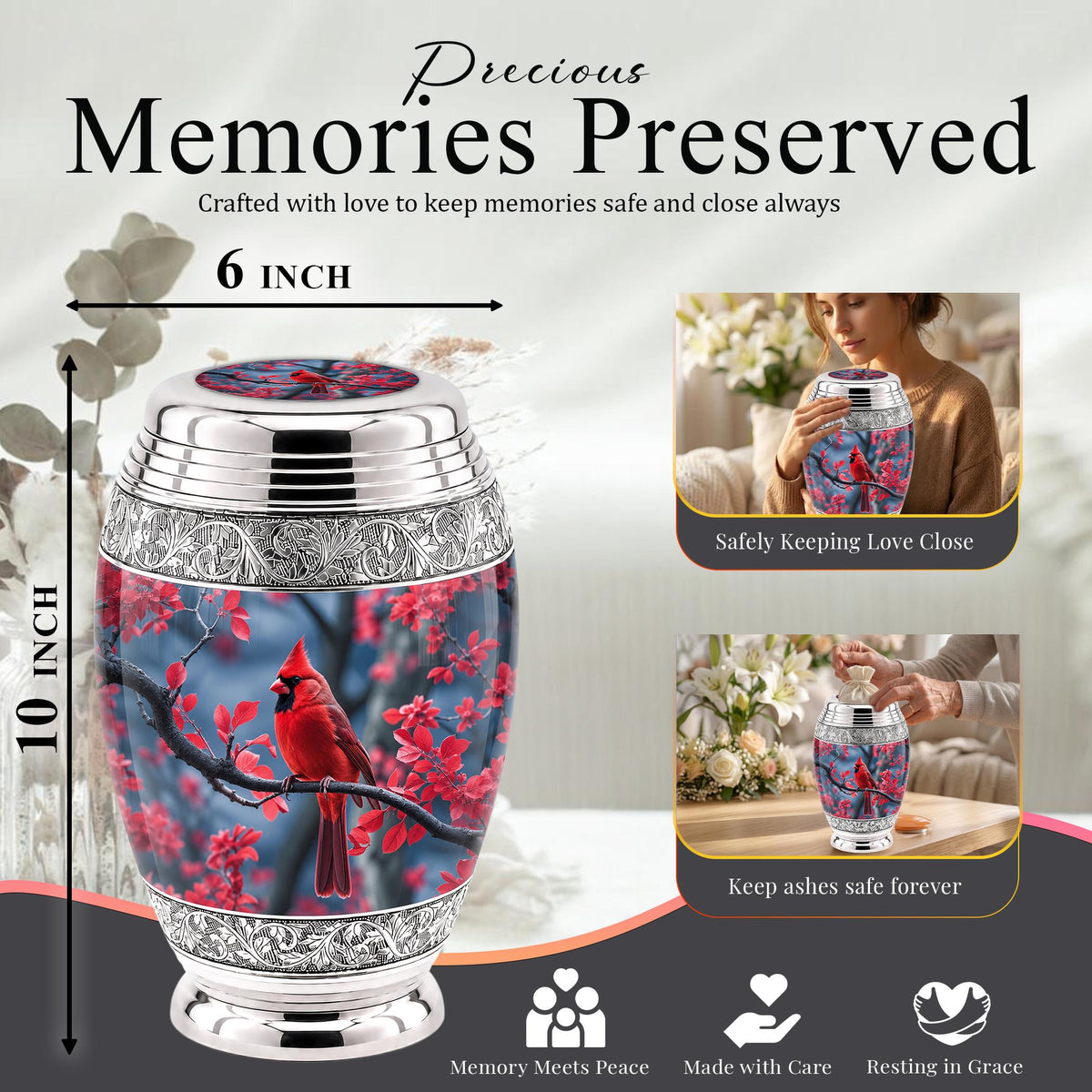 Personalized Red Cardinal Cremation Urn, Silver-Tone Memorial Ashes Container (Custom Engraving)