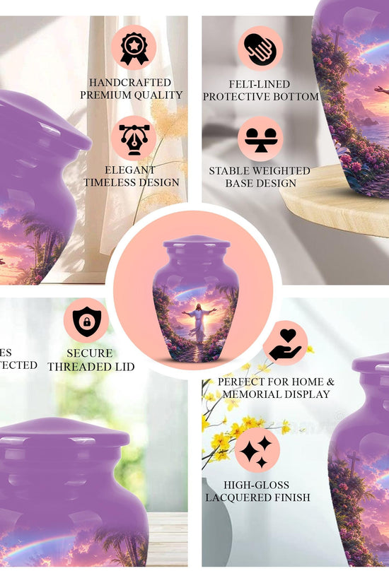 Personalized Jesus Cremation Urn for Ashes Jesus Christ - Rainbow Memorial Urn, Christian Sunset Tribute Urn