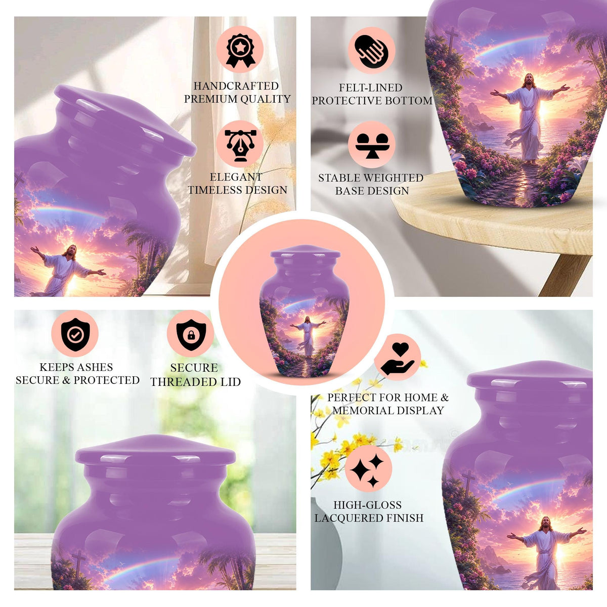 Personalized Jesus Cremation Urn for Ashes Jesus Christ - Rainbow Memorial Urn, Christian Sunset Tribute Urn