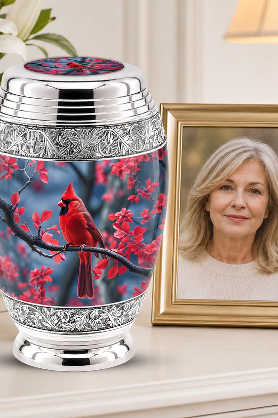 Personalized Red Cardinal Cremation Urn, Silver-Tone Memorial Ashes Container (Custom Engraving)
