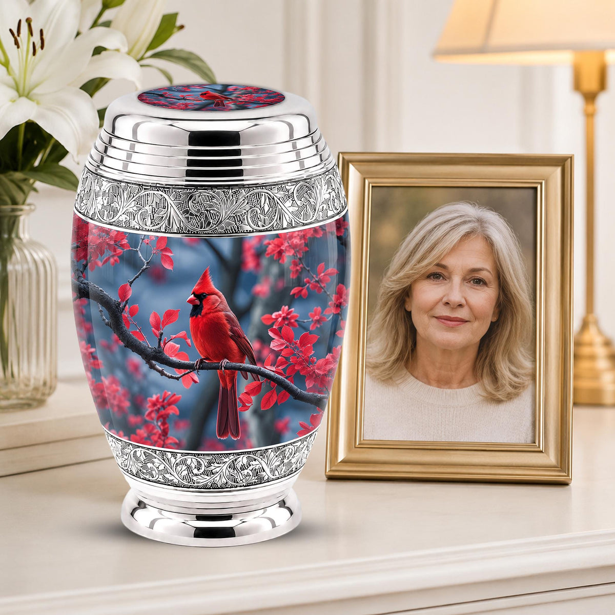 Personalized Red Cardinal Cremation Urn, Silver-Tone Memorial Ashes Container (Custom Engraving)