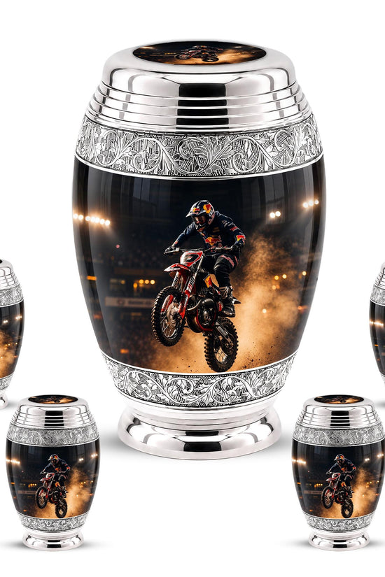 Personalized Motocross Rider Cremation Urn, Glossy Black Finish, Memorial Keepsake