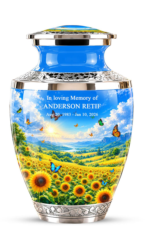 Sunflower Cremation Urn for Ashes - Silver Butterfly Memorial Urn