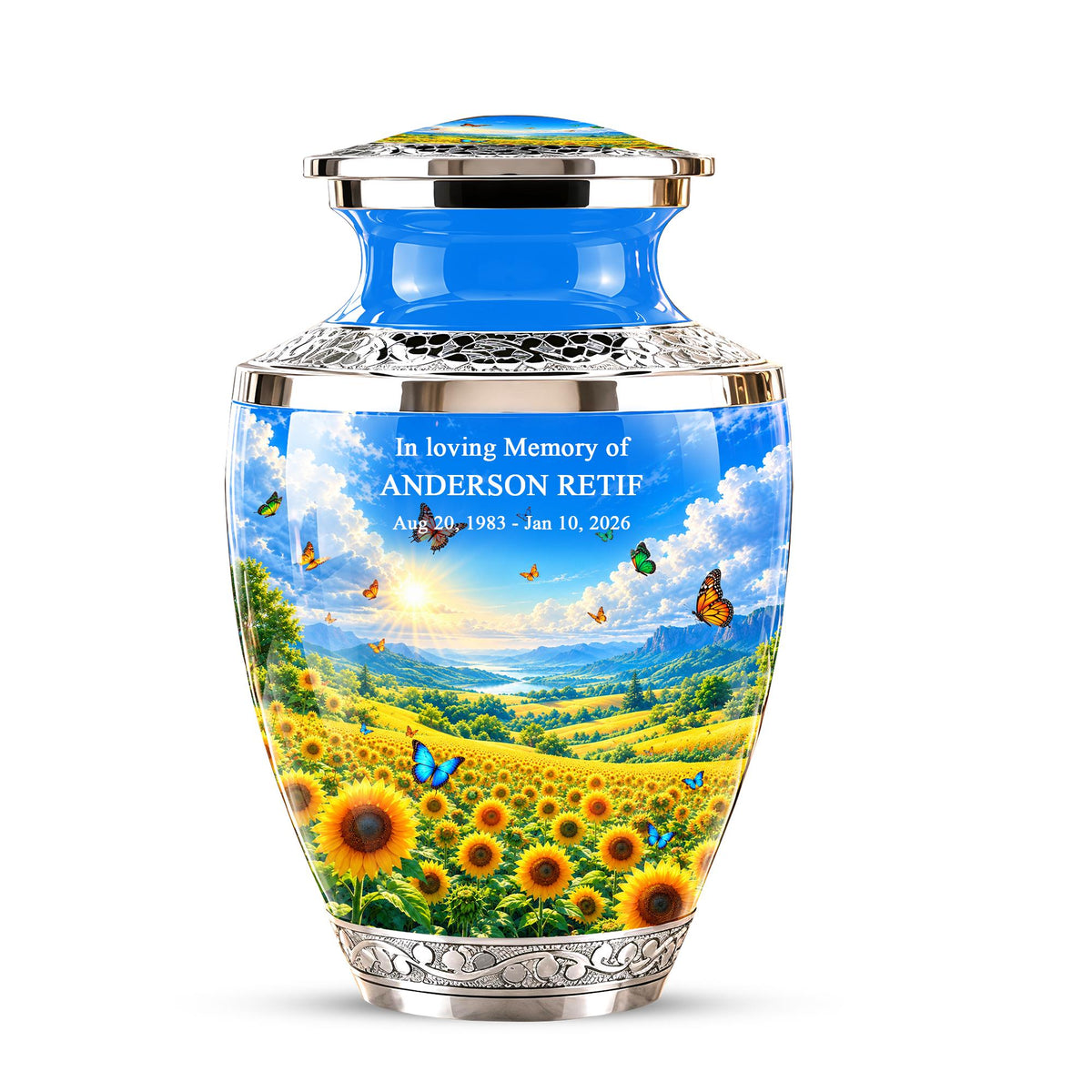 Sunflower Cremation Urn for Ashes - Silver Butterfly Memorial Urn