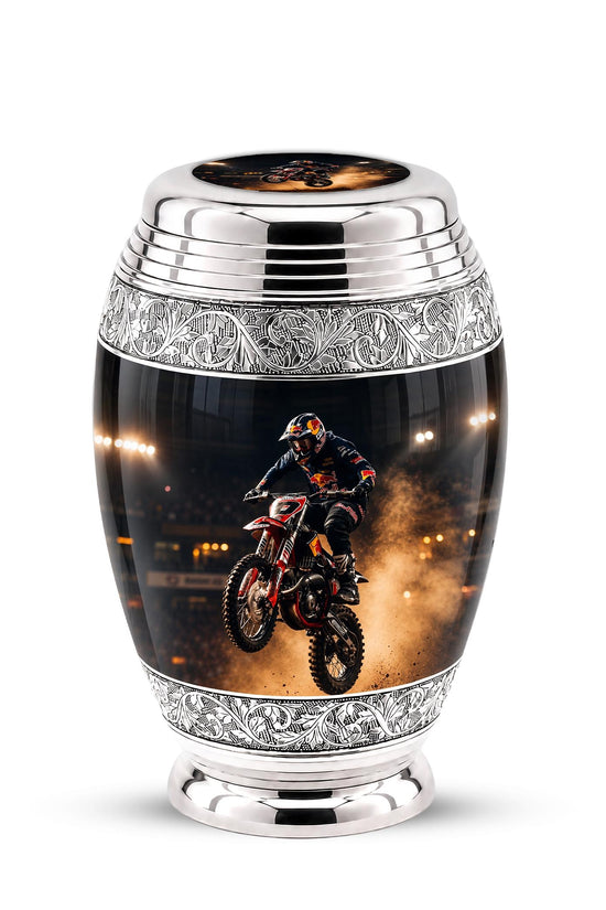 Personalized Motocross Rider Cremation Urn, Glossy Black Finish, Memorial Keepsake
