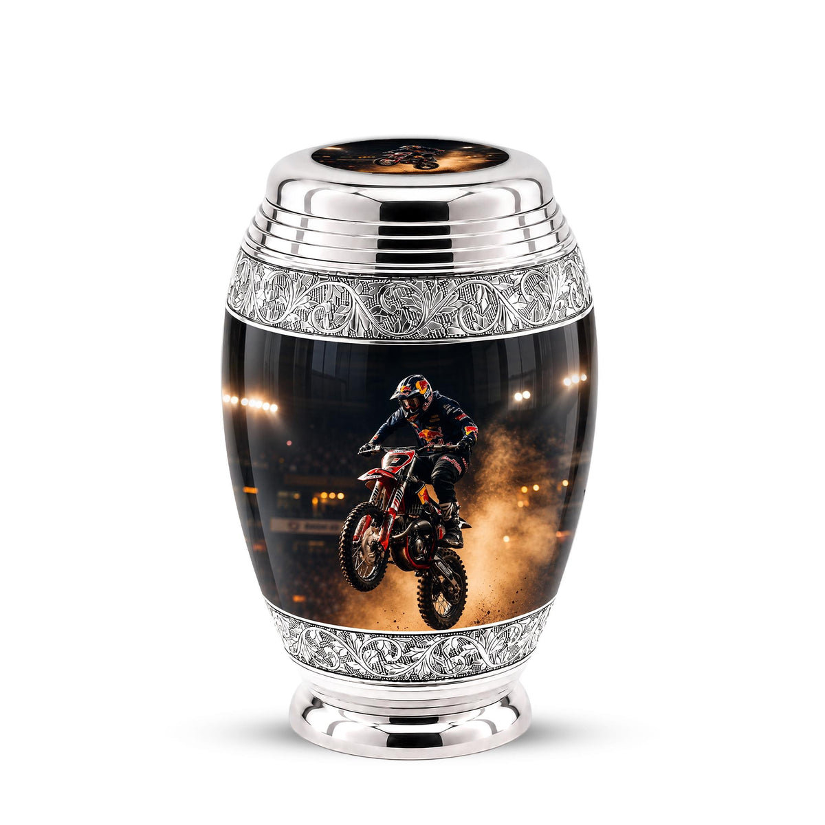 Personalized Motocross Rider Cremation Urn, Glossy Black Finish, Memorial Keepsake