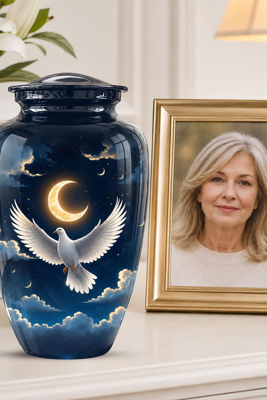 Personalized White Dove Cremation Urn for Ashes - Crescent Moon Memorial Urn, Heavenly Dove