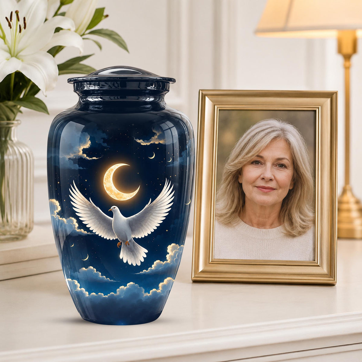 Personalized White Dove Cremation Urn for Ashes - Crescent Moon Memorial Urn, Heavenly Dove