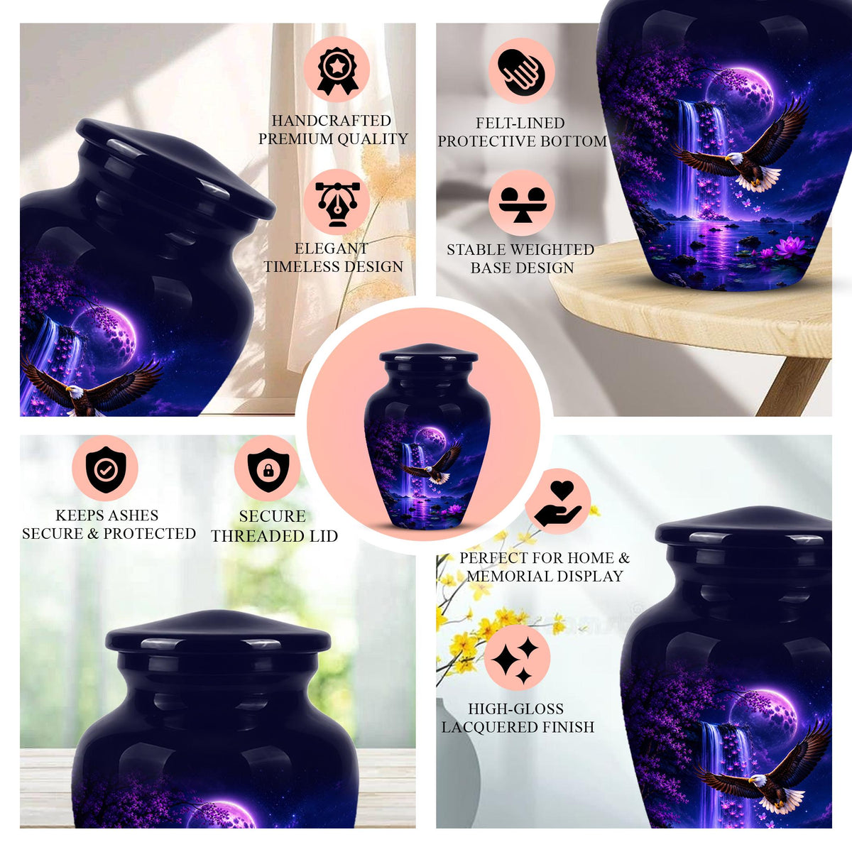 Eagle Cremation Urn for Ashes - Purple Waterfall Bald Eagle Memorial Urn