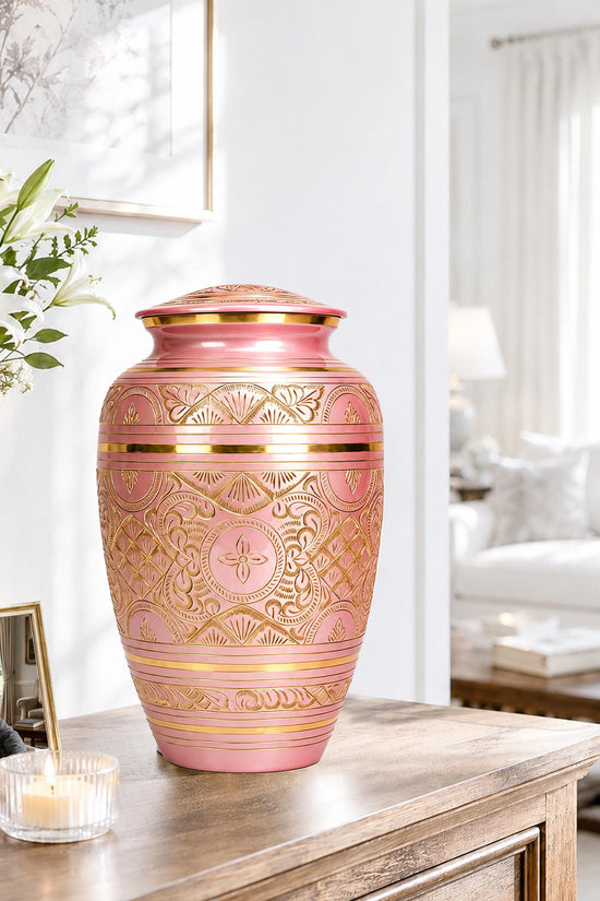 Pink and Gold Brass Cremation Urn for Ashes - Rose Gold Ornamental Memorial Urn