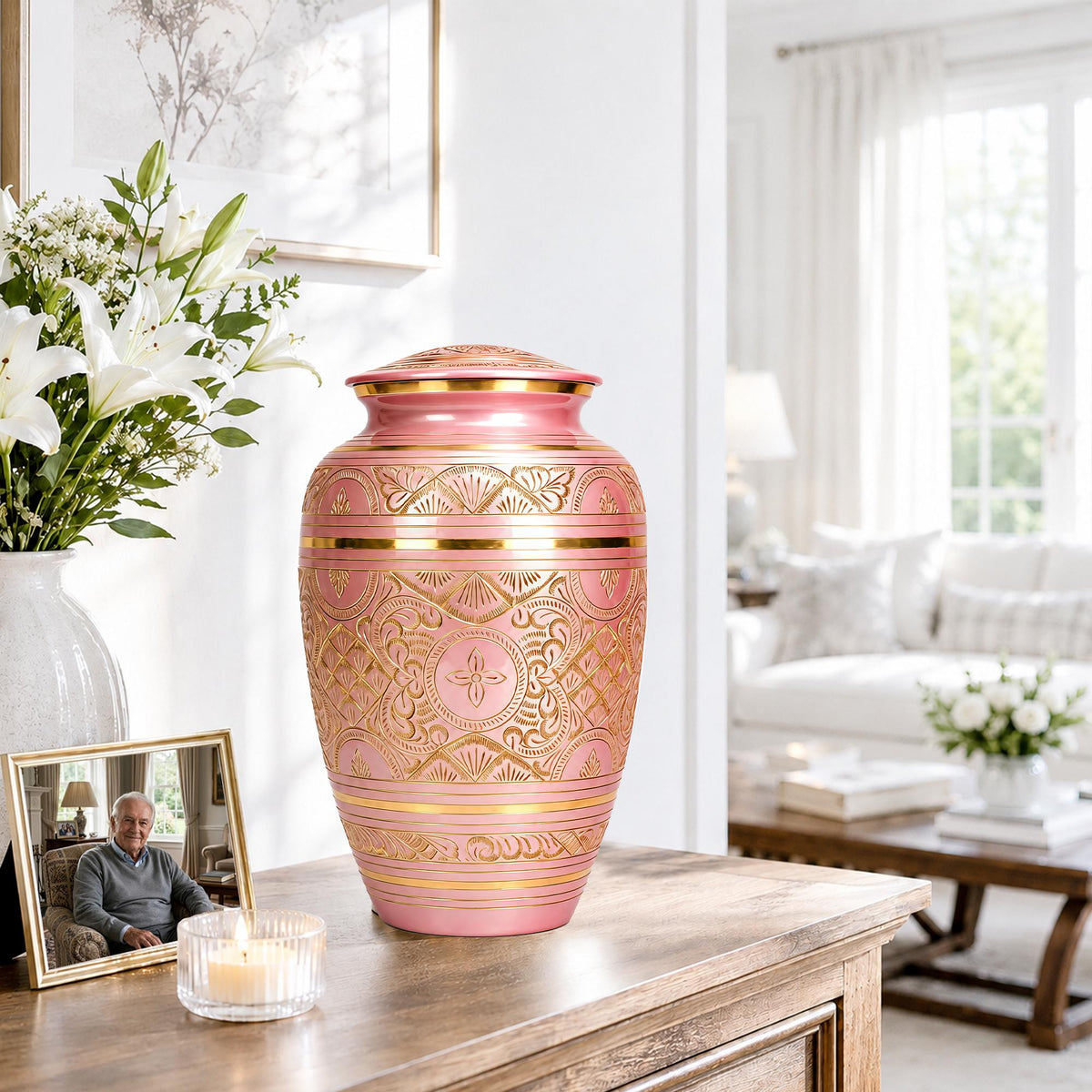 Pink and Gold Brass Cremation Urn for Ashes - Rose Gold Ornamental Memorial Urn