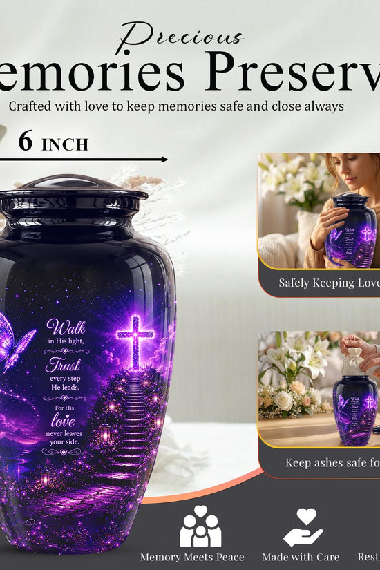 Purple Butterfly Cremation Urn for Ashes - Christian Memorial Urn with Glowing Cross