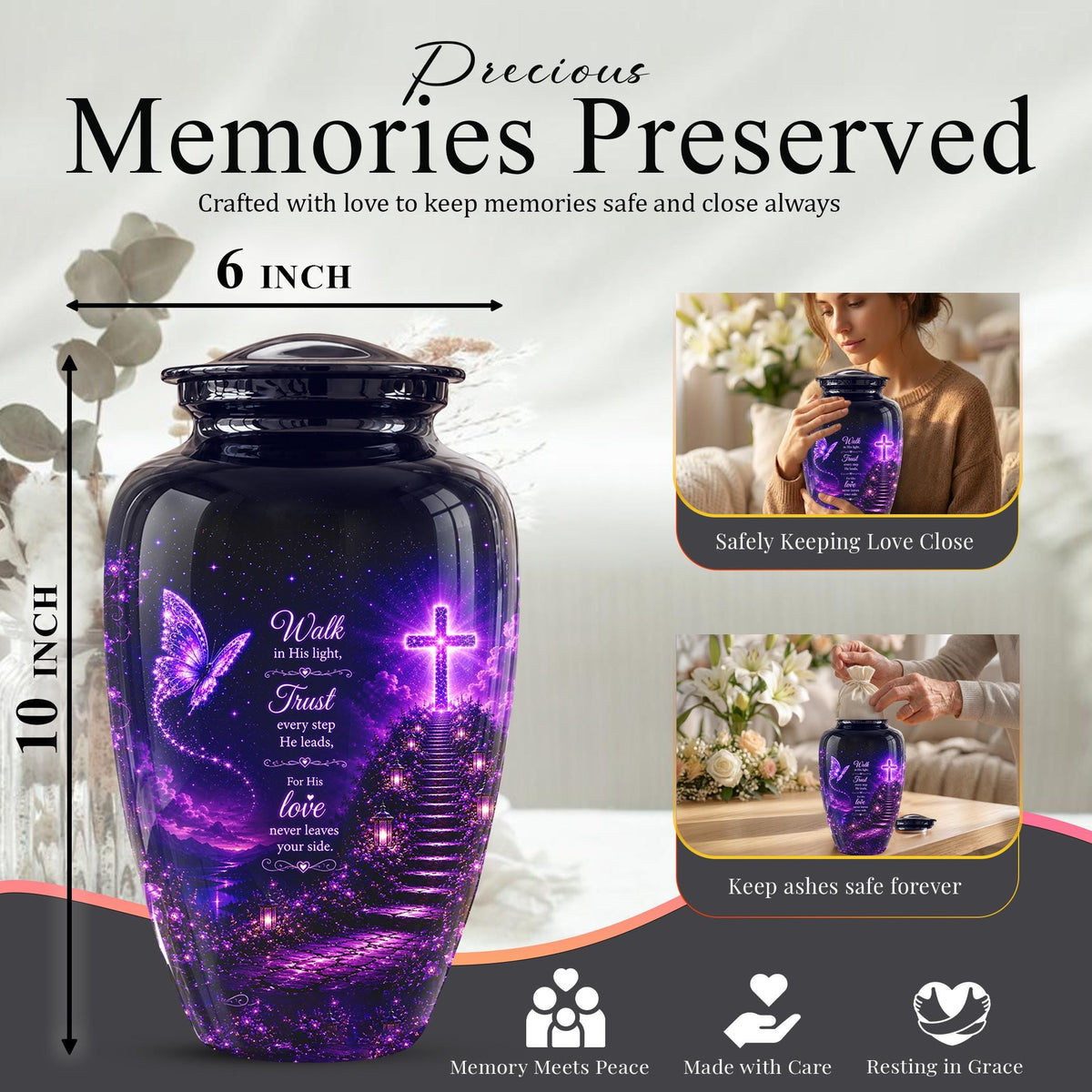 Purple Butterfly Cremation Urn for Ashes - Christian Memorial Urn with Glowing Cross