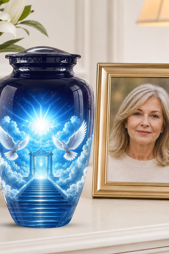 Personalized Dove Cremation Urn for Ashes, Heavenly Blue Memorial Urn - White Dove Religious Tribute