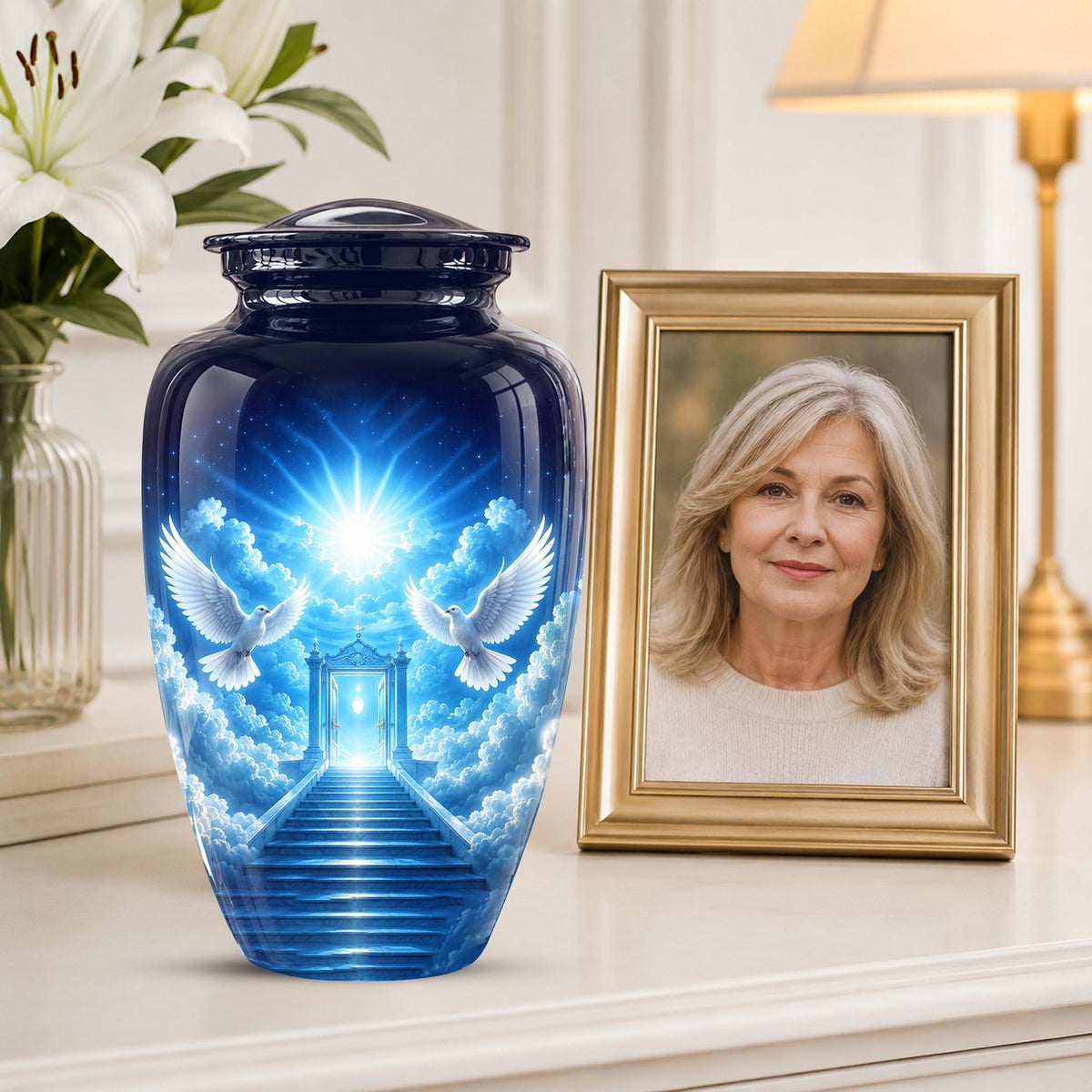 Personalized Dove Cremation Urn for Ashes, Heavenly Blue Memorial Urn - White Dove Religious Tribute