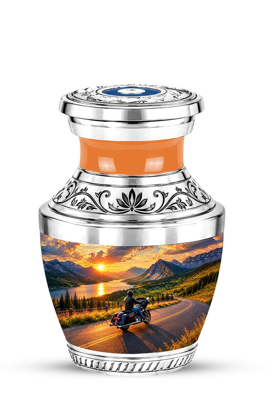 Personalized Motorcycle Cremation Urn, Mountain Road Sunset Rider Memorial