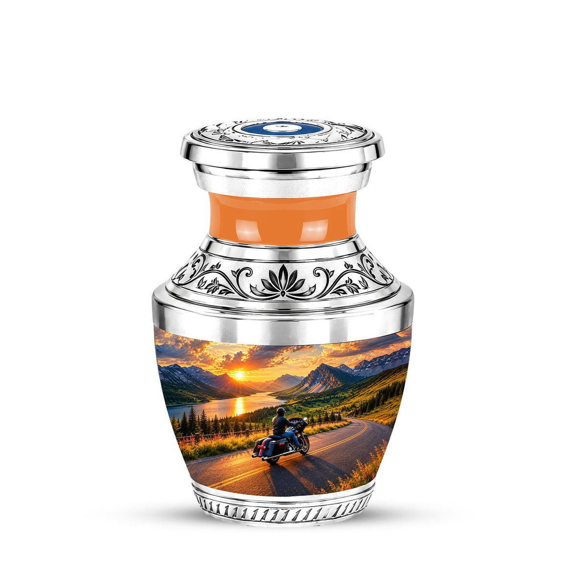 Personalized Motorcycle Cremation Urn, Mountain Road Sunset Rider Memorial