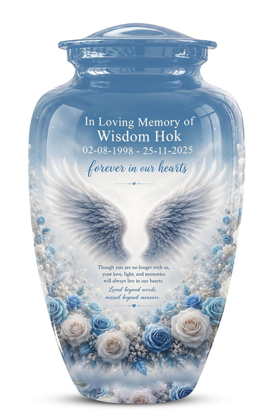 Personalized Angel Wings Cremation Urn - Blue Roses Memorial Keepsake Urn